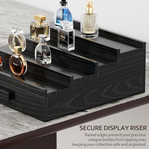 Image of Solid Walnut Cologne Organizer for Men, 4 Tier Cologne Stand, Wooden Cologne Holder Display Shelf with Drawer Storage and Hidden Compartment, Black Perfume Stand Organizer, Gifts for Men