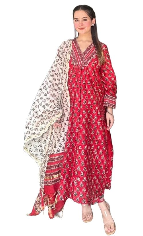 Image of Klosia Women Pure Cotton Kurta Pant Set with Dupatta | Traditional Block Print Ethnic Suit Set | Comfortable Daily, Office