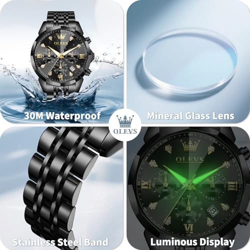 Image of OLEVS Watches for Men Stainless Steel Dress Men Watch with Date Big Face Chronograph Waterproof Luxury Fashion Watch Blue /Black /Gold /Green /Silver Face Relojes para Hombres