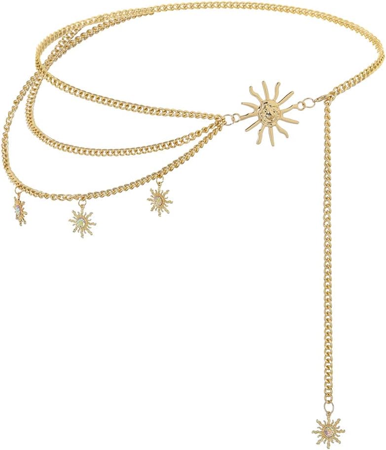 BohendFashion Layered Waist Chains Sun Women Belly Chain Multlayered Metal Body Chain Dress Bikini Belt Chain Accessories