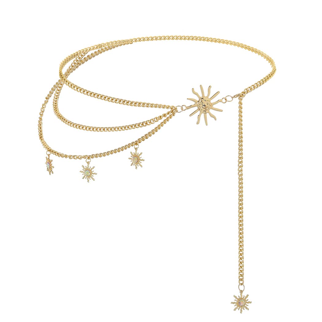 BohendFashion Layered Waist Chains Sun Women Belly Chain Multlayered Metal Body Chain Dress Bikini Belt Chain Accessories