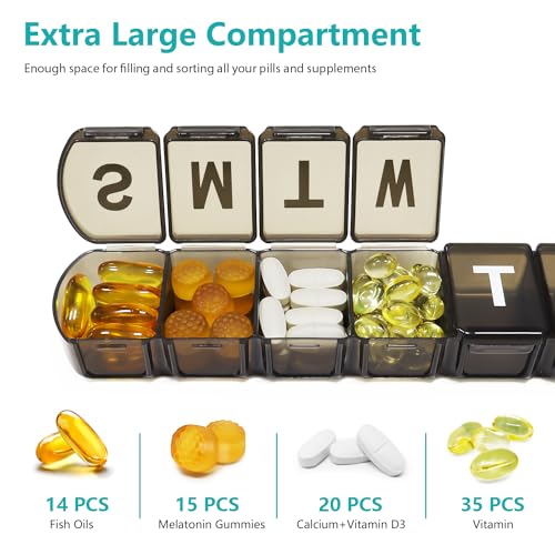 Image of XL Weekly Pill Box Organizer 7 Day, 1 Week Jumbo Pill Dispenser Case One Time a Day, MOLN HYMY Daily Medicine Container to Hold Medication, Vitamins, Fish Oils and Supplement (Black