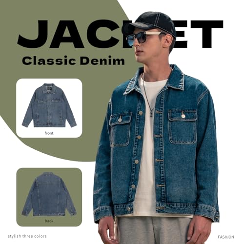 Image of Denim Jacket Men Vintage Autumn and Winter Tops Mens Denim Trucker Jacket
