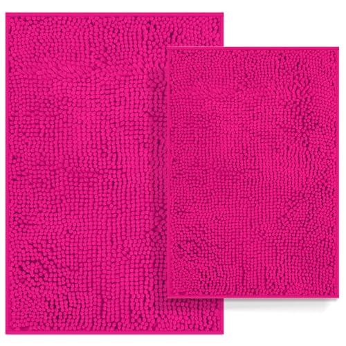 Bathroom Rugs Set 2 Piece Bathroom Sets Bath Rugs Non Slip Bath Mats for Bathrooms Thick Soft Chenille Bath Rug Set Bathtub Mat Ultra Absorbent Baths Carpet Shaggy Bathrooms Floor Mat Hot Pink
