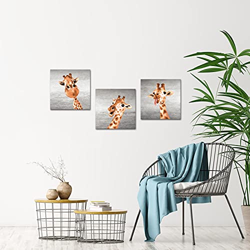 Simiwow Giraffe Decor Pictures Funny Wild Animals Framed Canvas Wall Art Kids Children Bedroom Bathroom Nursery Wall Decor 12"X12"X3 Pieces #TOP3