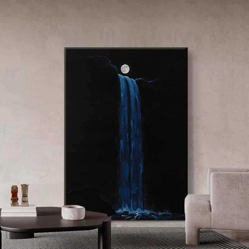 Générique Tableau Moderne, Tableau À L'Huile Représentant Une Cascade Au Clair De Lune, Un Paysage Naturel Sombre, Une Œuvre Texturée Peinte À La Main,...