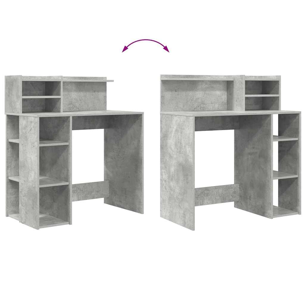 Scrivania in legno grigio cemento, 90 x 48 x 101,5 cm, con 4 ripiani, moderna scrivania da ufficio per casa e studenti, ideale come tavolo da lavoro e scrivania per computer in stile
