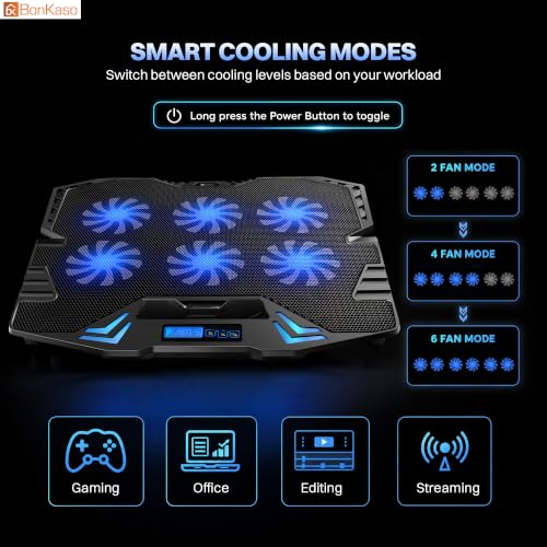 Image of Bonkaso Laptop Cooling Pad for Up to 15.6 Inch Laptops, 6 Blue LED Fans, 1900 RPM, Digital Display, 2 /4 /6 Fan Modes, 5-Level Adjustable Stand, Dual USB Extension, Iron Mesh, 21 dBA