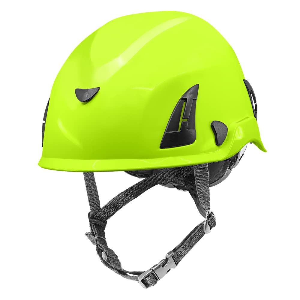 Bullhead Safety Head Protection HH-CH1-YG - High-Visibility Yellow/Green Climbing Style Protective Helmet with Six-Point Ratchet Suspension and Four-Point Chin Strap: Industrial & Scientific
