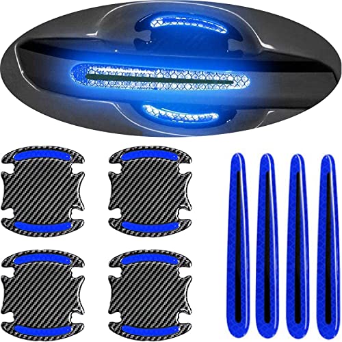8PCS Car Door Handle Sticker 3D Carbon Fiber Anti Scratches Protective Films Universal Auto Door Handle Scratch Cover Guard Car Outdoor Safety Decoration Reflective Strip (Blue)