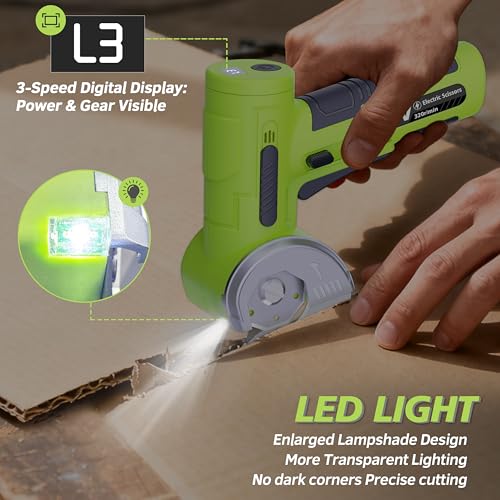 Image of Upgraded Cordless Electric Scissors, Wider Opening with Large 1.84 inchTungsten Blade, 1 /3 inch Max Cutting & LED Display, 320RPM, Heavy-Duty Rotary Cutter for Cardboard, Fabric, Leather & DIY - Green