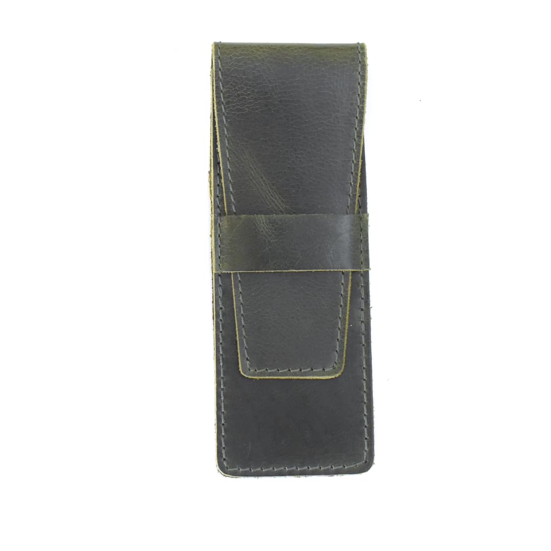 The Antiq Leather Pen Holder, Genuine 2 Pen Case with Tuck-in Flap, Brown Leather Case for Fountain, Ballpoint & Rollerball Pens, Travel Organizer, Luxury Executive Pen Storage Sleeve (2 Pen, Green)