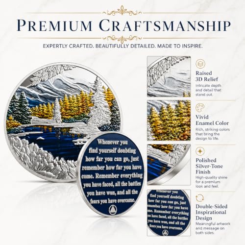 Image of Imasoner Inspirational Sobriety Coin Mountain Lake AA Recovery Medallion | Motivational Message Remember How Far You Have Come Recovery Token, Sponsor Sponsee Sober Milestone Gift for Women and Men
