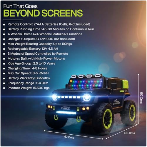 Image of Toyzone Everest Electric Jeep (Black) | 12V Rechargeable Ride on with 4.5Ah Battery | Music Player with BT, USB & AUX | Smooth Acceleration | 6M Battery Warranty | Age 3-10 Years, Upto 50 kg