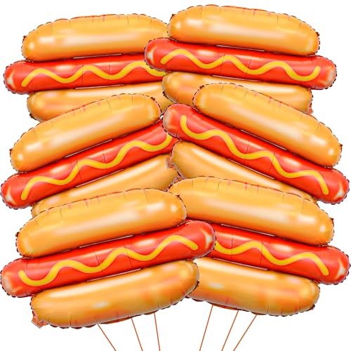 6PCS Giant Hot Dog Foil Balloons 28 Funny Food Party Balloons with Ribbon Straw & Dots Glue Reusable Fast Food Themed Supplies For Carnival BBQ Picnic Birthday Party Decorations