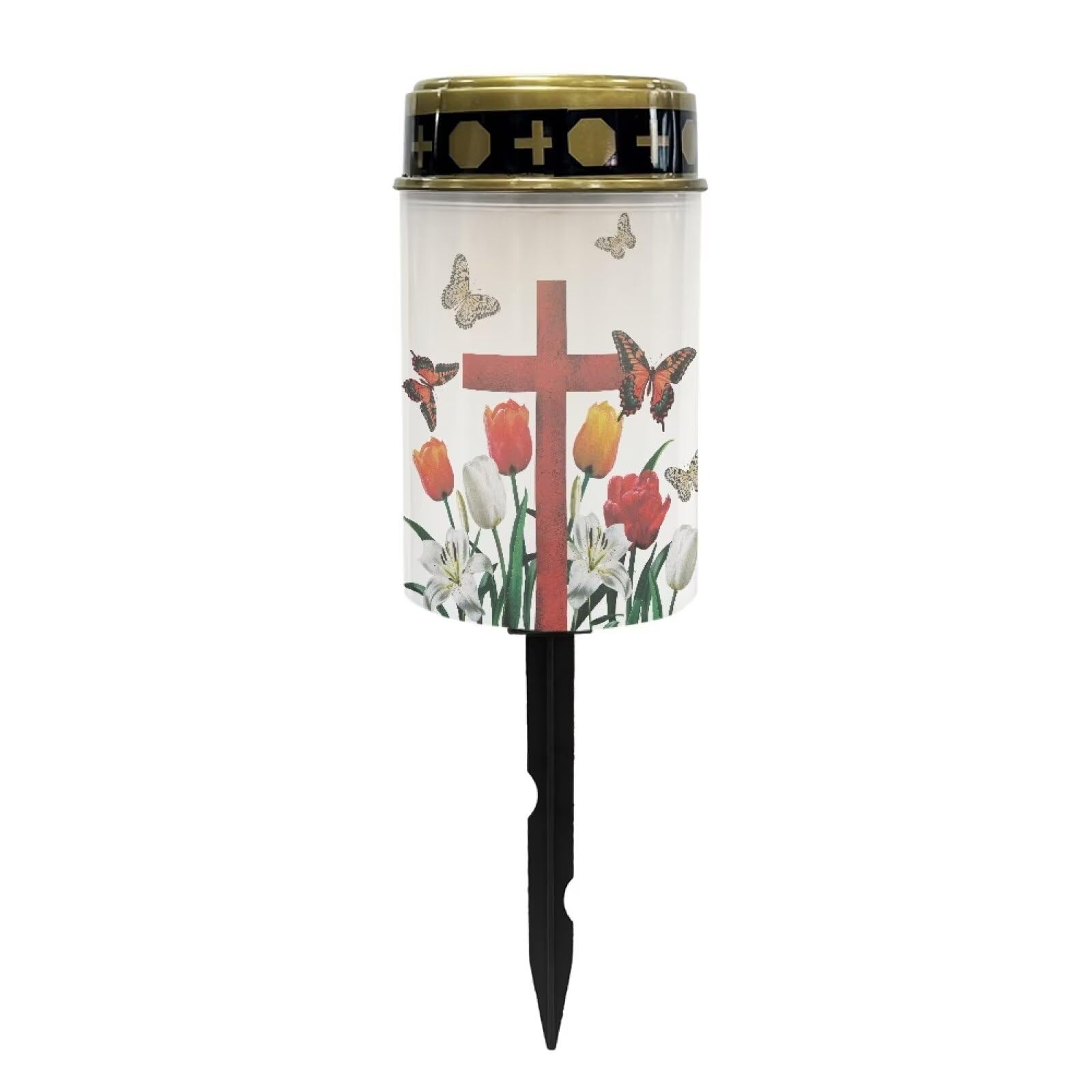 Poceacles Cross Solar Outdoor Lights Waterproof Cemetery Lights Solar Powered Grave Candle Lights Outdoor Waterproof Landscape Lights for Lawn Garden Yard, Butterfly Tulip Lily Red Cross