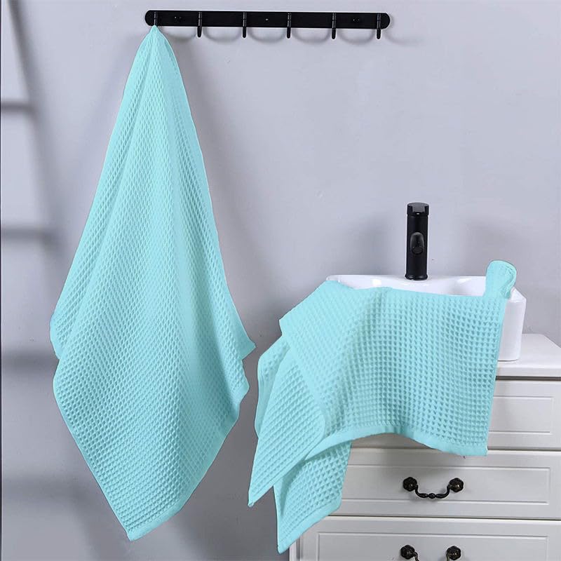 Image of Pure Cotton Waffle Towel | Lightweight | Anti-Microbial and Water Absorbent | Soft Touch Quick Drying Hand Towels (Aqua, Pack of 4)