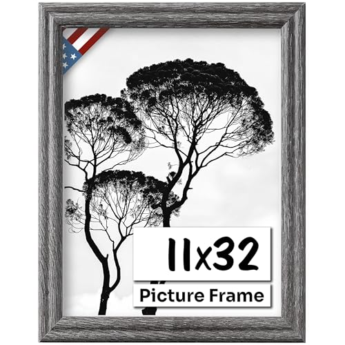 Barnwood Gray 11x32 Picture Frame .75" Inch Wide - Handmade American Solid Wood Picture Frames with Preinstalled Hangers and UV Blocking Plexiglass Frames