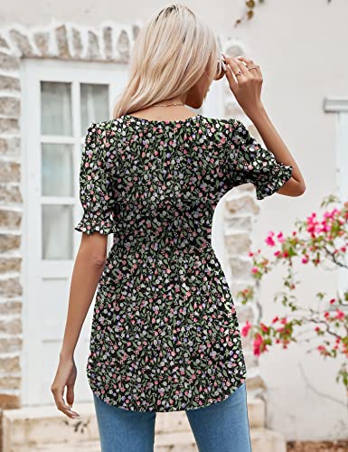 Lomon Womens Tunics Short Lantern Sleeve Smocked Peplum Top Square Neck Tops Empire Waist Peasant Blouses, L #TOP5