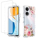Vavies Case for Honor X7 Case, CMA-LX2 CMA-LX1 Case with Tempered Glass Screen Protector, Full Body Clear Flexible with Floral Design Protection Phone Cover Cases for Huawei Honor X7 X 7 (rose flower)