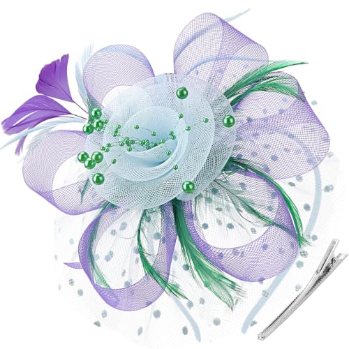 Image of DRESHOW Fascinators Hat Flower Mesh Ribbons Feathers on a Headband and a Clip Tea Party Headwear for Girls and Women