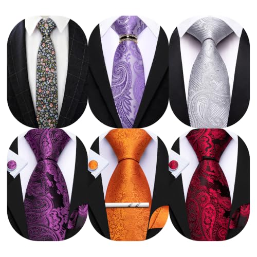 Image of Barry.Wang Men 6PCS Tie Silk Gift Necktie Clip Woven Tie Sets Party | Men Tie Classic Silk Gift Necktie With Tie Clip Jacquard Woven Neck Ties 6PCS Formal Wedding
