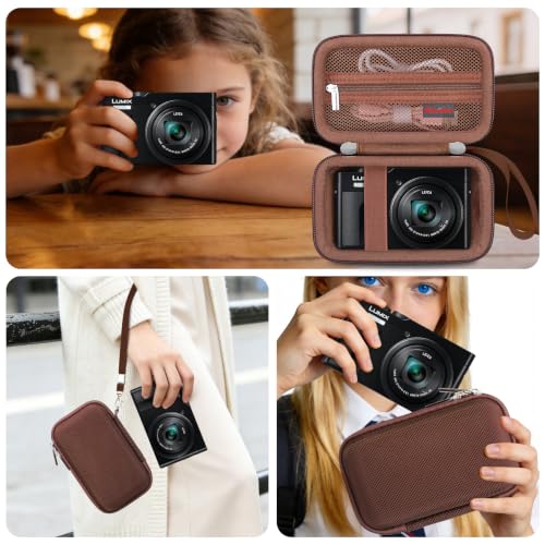 Image of Elonbo Camera Case for Panasonic LUMIX ZS99 / TZ99 / ZS80 / ZS70 / ZS300 / ZS200 / ZS100 / LX10 Point and Shoot Camera. Panasonic LUMIX Digital Camera Carrying Case. Mesh Pocket fits Battery, Coffee color