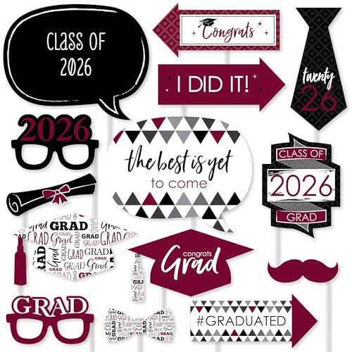 Big Dot of Happiness Graduation Props for Photoshoot 2026, 20-Count Set of High School Senior Photo Booth Props for Pictures and Graduation Party Decorations - Maroon