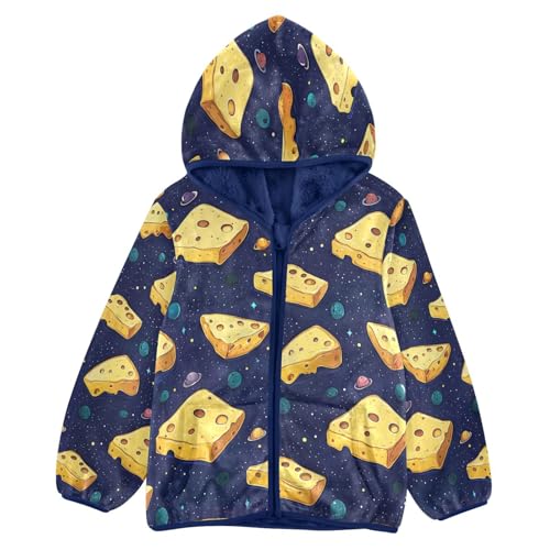 Cartoon Space Cheese Slices Toddler Fleece Jacket Girl Boys Hooded Fleece Jacket Coat Warm Outwear Zip-up 3-10T