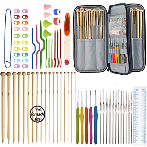 KOKNIT Knitting Needles Set, Included 18 Pairs Single Pointed Bamboo Knitting Needles, 5 Crochet Hooks with Ergonomic Handles, 12PCS Lace Crochet Hook, Accessories and Crochet Case for Any Project