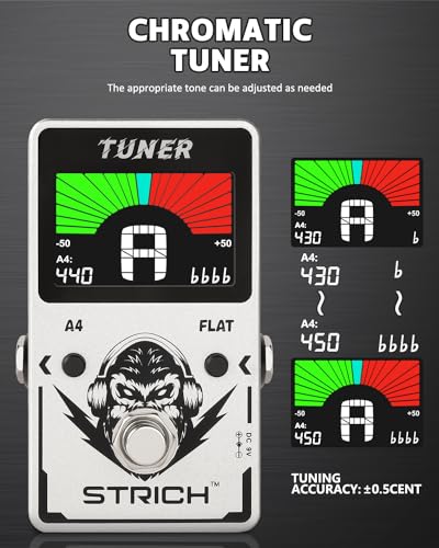 Image of STRICH Tuner Pedal, Silver, Compact with Large Color Screen - Precision Chromatic Drop Tuning, 430-450Hz A4, True Bypass for Electric Guitar & Bass