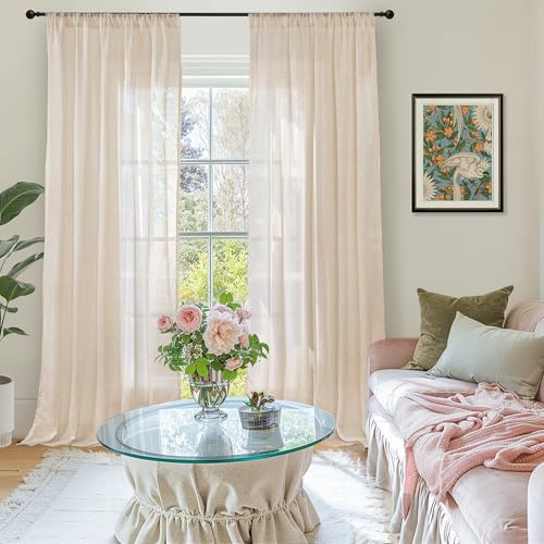 Image of BGment Tan Linen Curtains 84 Inch Length 2 Panels Burlap Semi Sheer Drapes | Light Filtering Natural Window Treatments with Rod Pocket for Farmhouse Bedroom Living Room Decor, 52 X 84 Inch