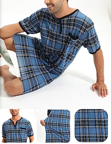 Men Summer Short Sleeve Henley Nightshirt Knee Length Sleepwear with Chest Pocket4