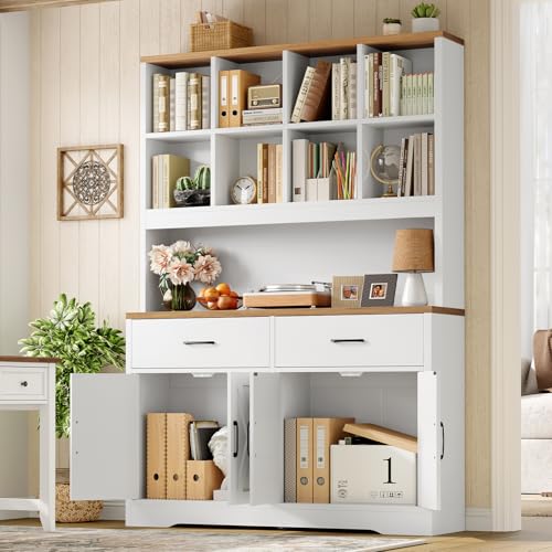 Image of TEENFON Storage Cabinet with Doors and Drawers, Pantry Cabinets, 5 Tier Floor Standing Bookshelves, Bookshelf and Bookcase, 8 Open Storage Shelves and Printer Stand for Study, Living Room, Office