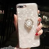 iPhone 8 Case, iPhone 7 Case,WATACHE Seashell Pattern Soft TPU Shock-Absorption Crystal Bumper Case with Bling Diamond 360 Degree Rotating Ring Grip Holder Kickstand for iPhone 8/7(White)