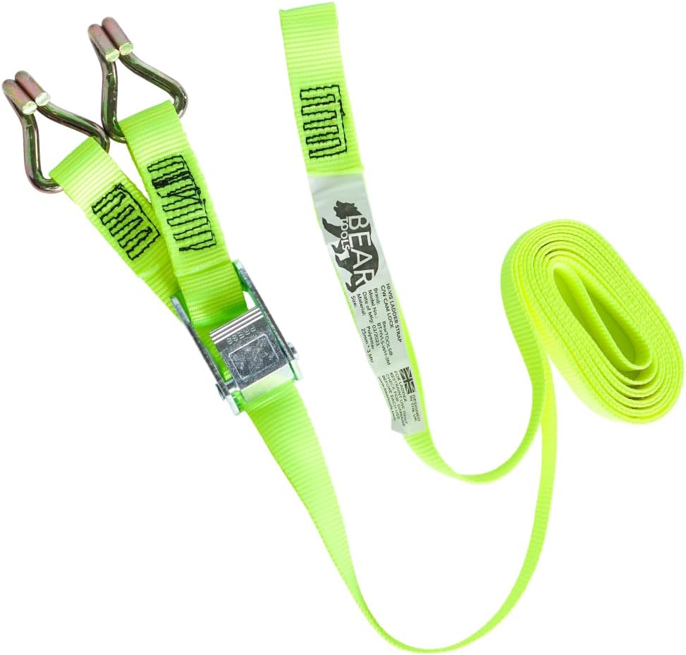 BearTOOLS 3 Meter Hi-Vis Ladder Strap C/W Cam Lock - Ladder Straps for Safety - Cam Lock Connector, Stabiliser for Work Ladders - Avoid Slips & Accidents When Working At Height