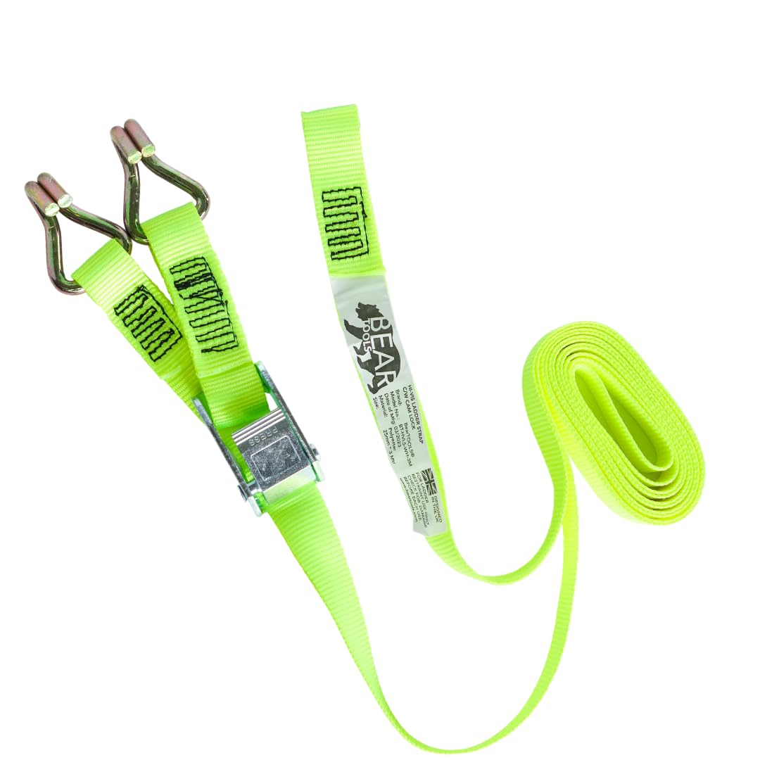 Beartools 3 Meter Hi-Vis Ladder Strap C/W Cam Lock - Ladder Straps For Safety - Cam Lock Connector, Stabiliser For Work Ladders - Avoid Slips & Accidents When Working At Height