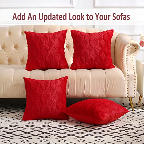 Volcanics Pack of 2 Christmas Faux Wool Throw Pillow Covers 18x18 Inches Decorative Farmhouse Velvet Couch Pillow Case Soft Plush Square Boho Cushion Pillowcase, Red