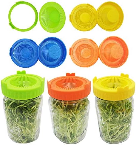 4PCS Plastic Sprouting Lids, Easy Rinse and Drain Wide Mouth Seed Sprouting Jar Kit with Stand for Organic Broccoli Sprouts Lentil Beaks Bean Sprouts 86 Mm (3.39 Inch),Yellow
