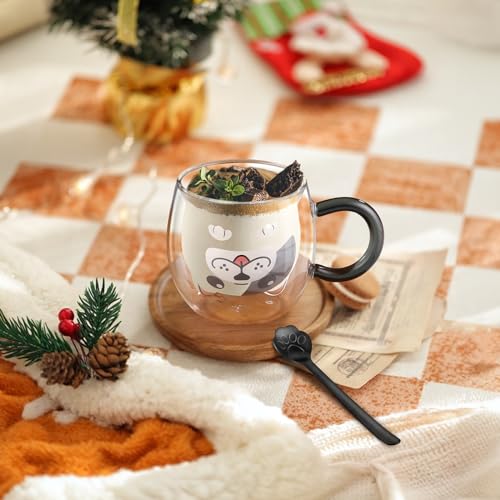 ecooe Hund Tasse Doppelwandige Gläser 280ml Latte Macchiato Gläser mit Löffel Kaffeetasse Doppelwandig Süße Tasse Hund Kaffeeglas Teegläser Geburtstag Valentinstag Geschenke für Frauen Männer Kinder