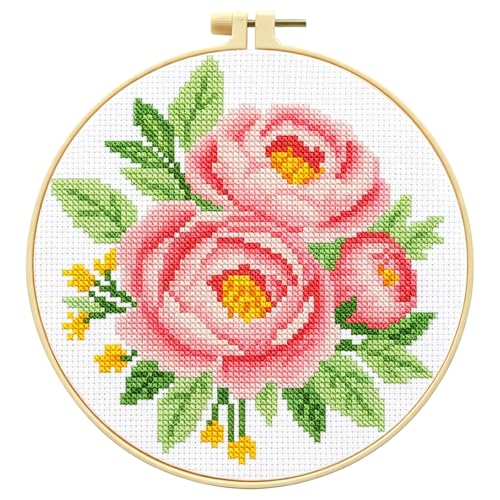 Image of Zhenqing Pink Peony Cross Stitch Kit for Beginners - Complete Set with Pre-Printed 11CT 24x24cm Fabric, Hoop & Threads(70357)