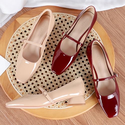 Zeberfi Women's Patent Leather Low Chunky Heel Mary Jane Pump Shoes Closed Square Toe Shallow Mouth Dress Shoes with Adjustable Strap Buckle Business Wedding3
