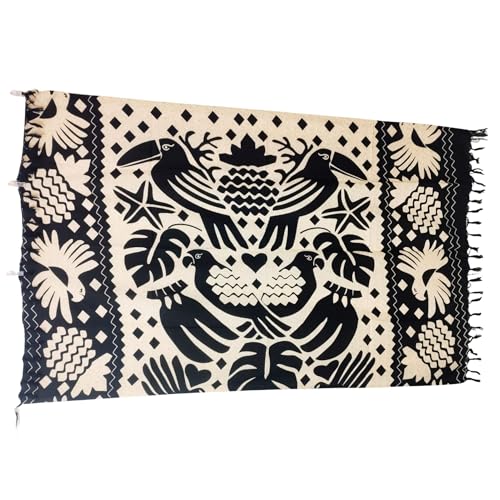 Canga Praia Étnico, Preto e Bege, Estampa Floral Geométrica, Estilo Boho Farmmy, com Franjas