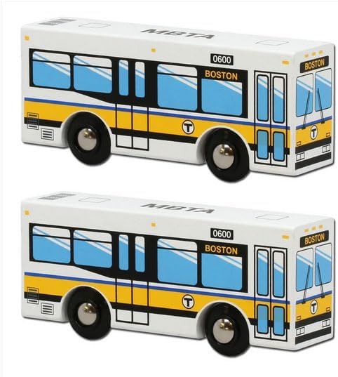 Boston T Double MBTA Bus Wooden Bundle of Two New Flyer D40LF Wooden Buses-Dimensions 4.75" high x 1.25" Wide x 2" high