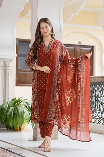 Image of MEERA FAB Women's Cotton Blend Straight Printed Kurta with Palazzo & Dupatta