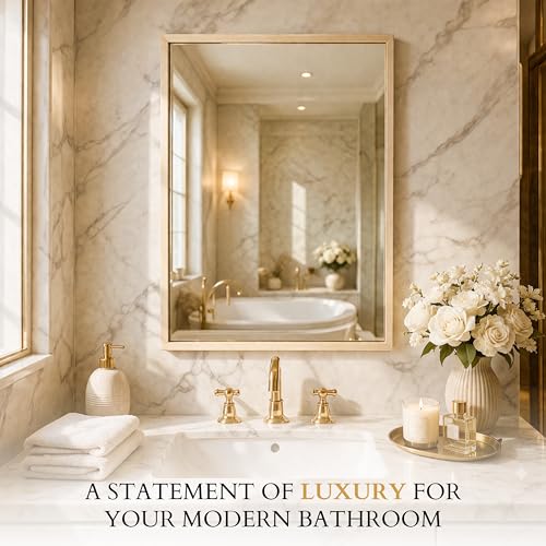 Image of Rousrie Premium Framed Glass Wall Mount Mirror, Decorative, for Bathroom, Bedroom, Living Room and Entryway, Wash Basin (14 by 20 Inch) (Light Brown)