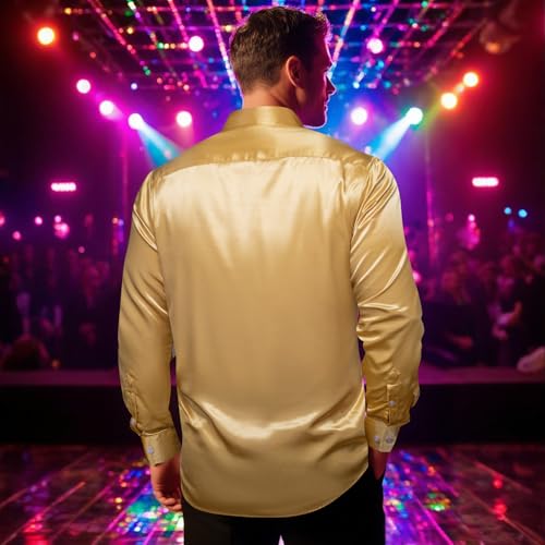 Barry.Wang Mens Disco Shirt Sequins Satin Shiny Metallic Long Sleeve Button Down Shirts 70s Vintage Cocktail Nightclub Rock4