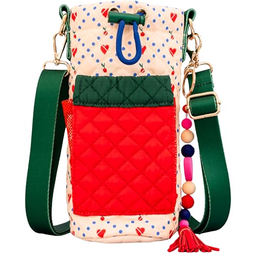ban.do Quilted Bottle Holder Bag, Water Bottle Bag Crossbody with Adjustable Sling and Open Front Pocket, Cherry Hearts