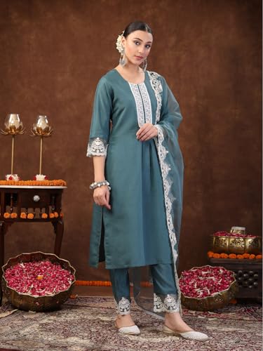 Image of Stylum Women's Embroidered Silk Blend Straight Kurta with Pant & Dupatta