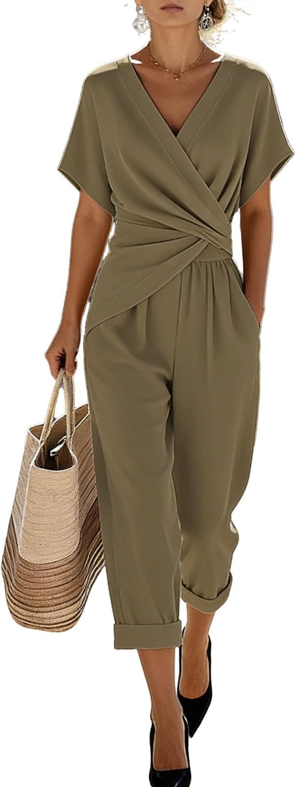 Generisch Survêtement élégant pour femme - En lin - Deux pièces - Pantalon et haut à manches courtes - Col en V - Couleur unie